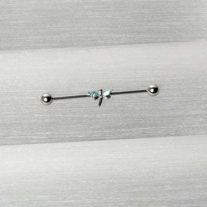 14 Gauge Blue Gem Simple Stylized Dragonfly Industrial Barbell 38mm