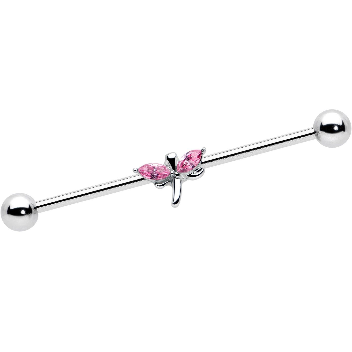 14 Gauge Pink Gem Simple Stylized Dragonfly Industrial Barbell 38mm