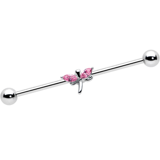 14 Gauge Pink Gem Simple Stylized Dragonfly Industrial Barbell 38mm