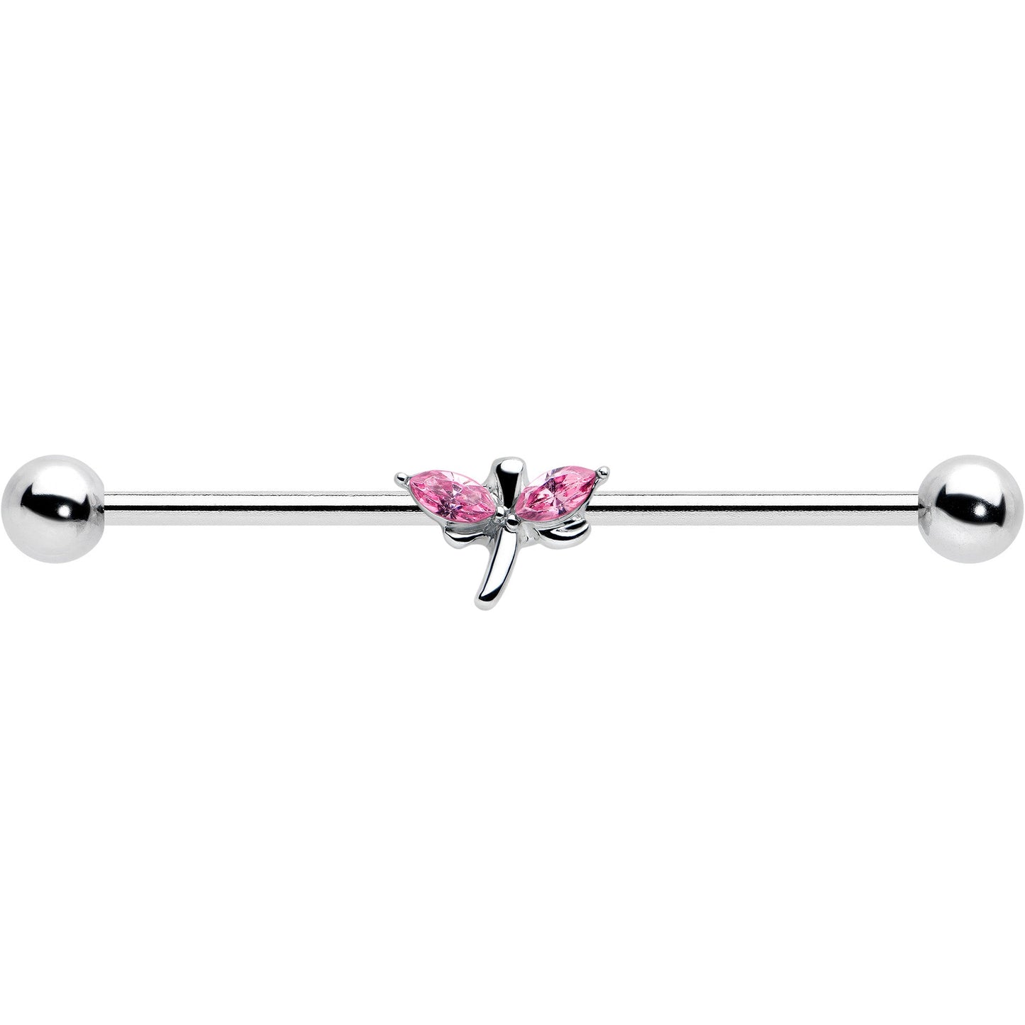 14 Gauge Pink Gem Simple Stylized Dragonfly Industrial Barbell 38mm