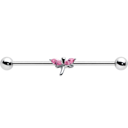 14 Gauge Pink Gem Simple Stylized Dragonfly Industrial Barbell 38mm