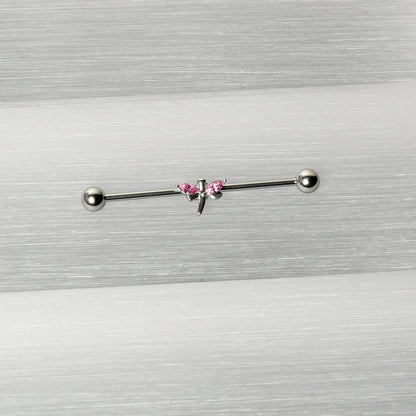 14 Gauge Pink Gem Simple Stylized Dragonfly Industrial Barbell 38mm