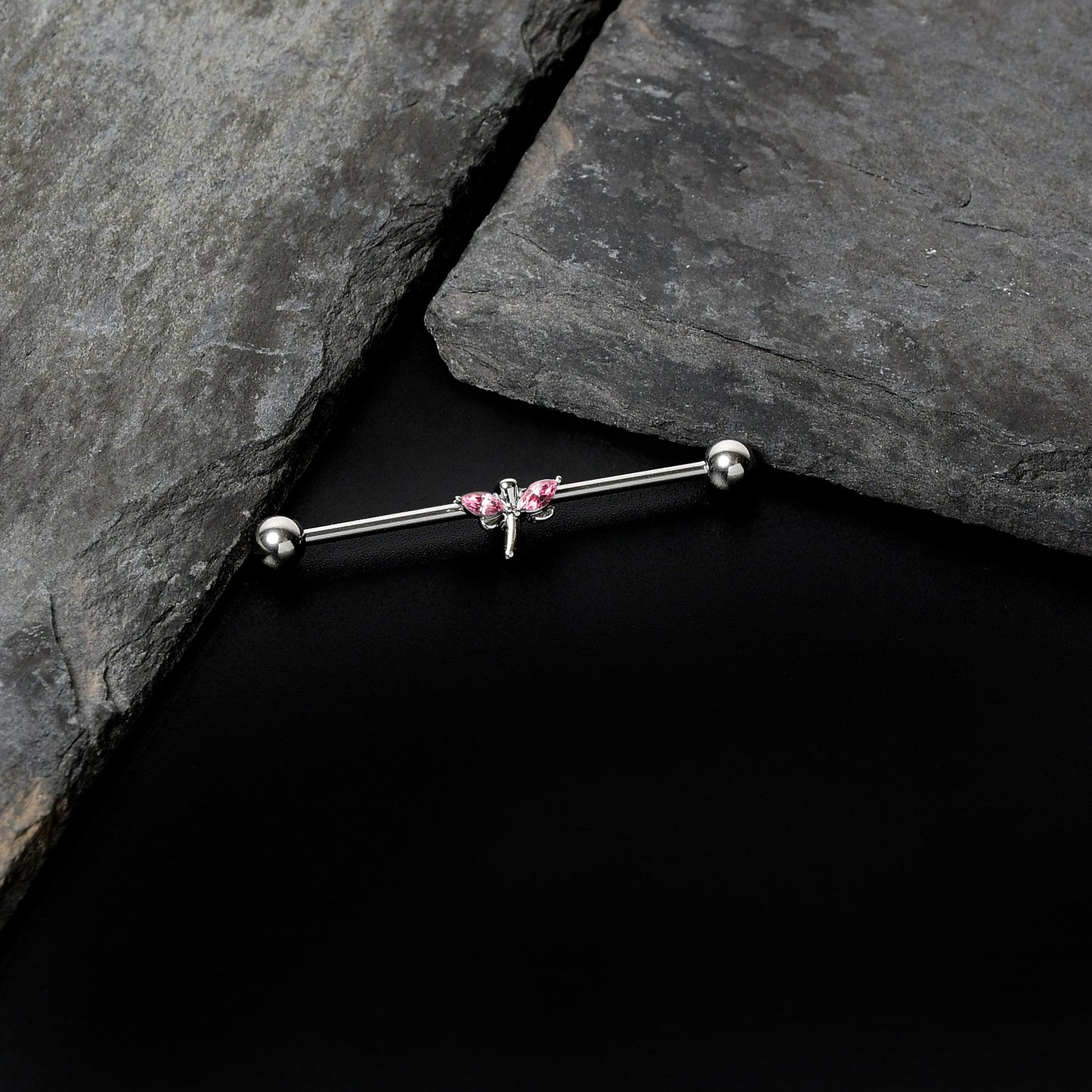 14 Gauge Pink Gem Simple Stylized Dragonfly Industrial Barbell 38mm