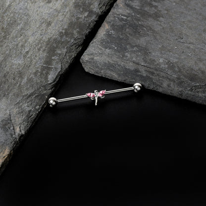 14 Gauge Pink Gem Simple Stylized Dragonfly Industrial Barbell 38mm