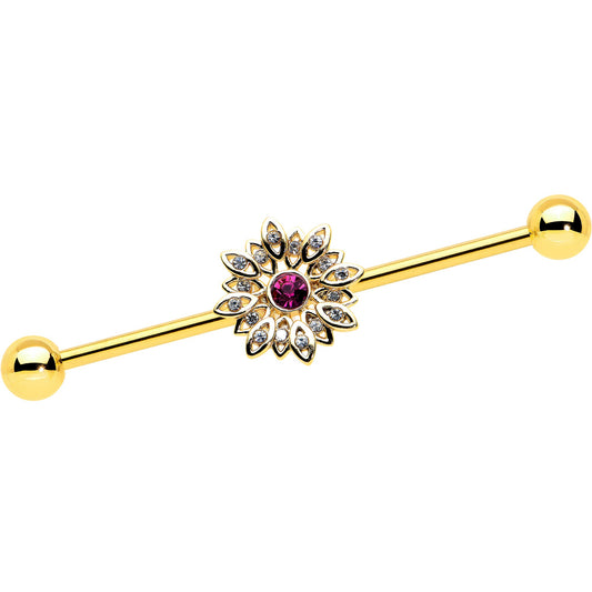 14 Gauge Clear Pink Gem Gold Tone Starry Flower Industrial Barbell 38mm