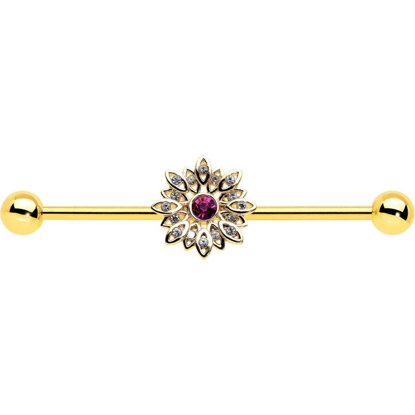 14 Gauge Clear Pink Gem Gold Tone Starry Flower Industrial Barbell 38mm