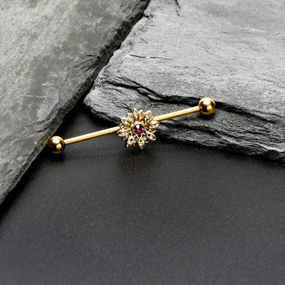 14 Gauge Clear Pink Gem Gold Tone Starry Flower Industrial Barbell 38mm