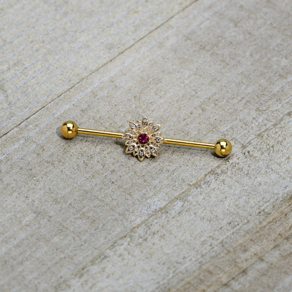 14 Gauge Clear Pink Gem Gold Tone Starry Flower Industrial Barbell 38mm