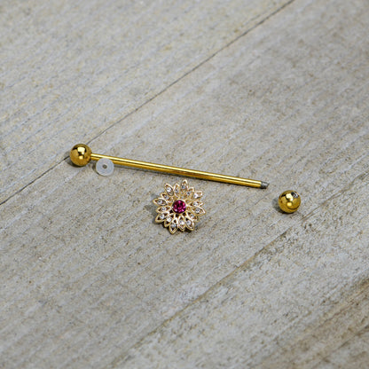 14 Gauge Clear Pink Gem Gold Tone Starry Flower Industrial Barbell 38mm