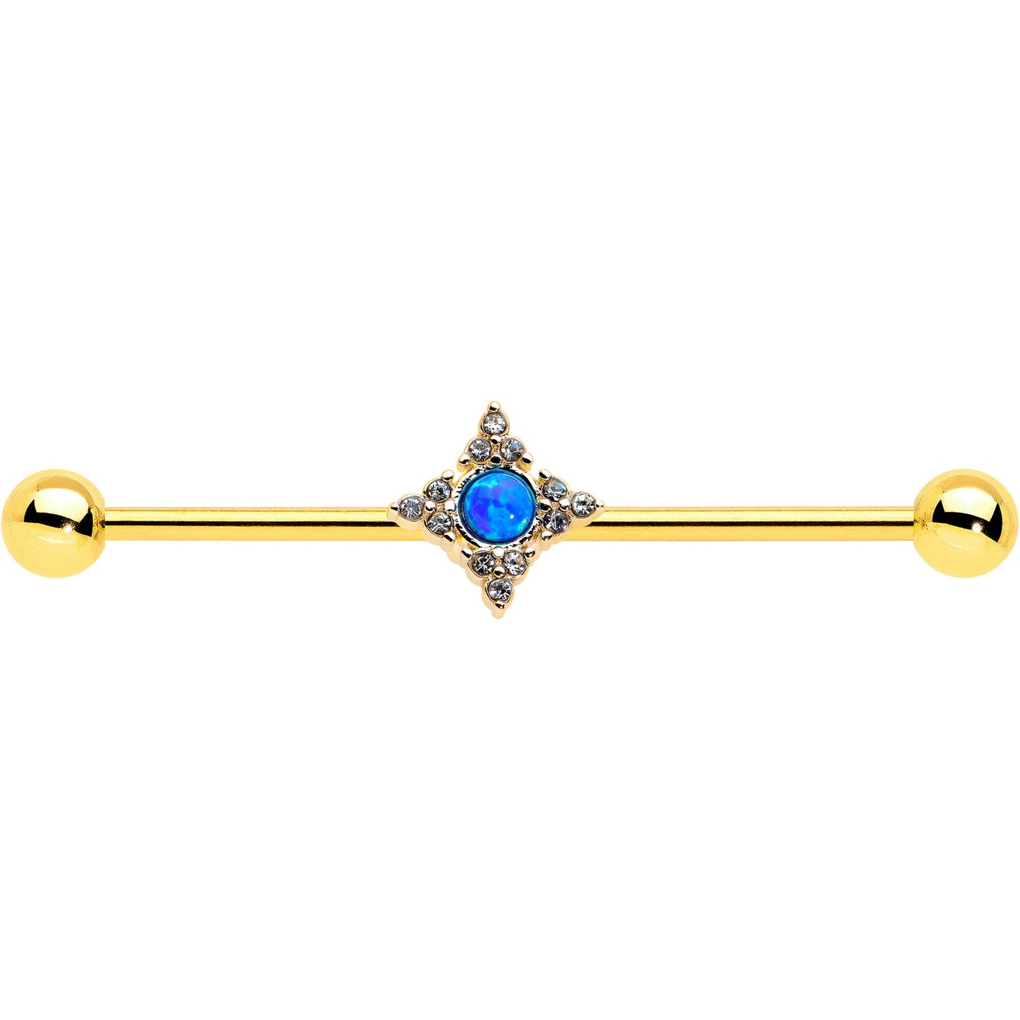 14 Gauge Blue Synthetic Opal Gold Tone Rhombus Industrial Barbell 38mm