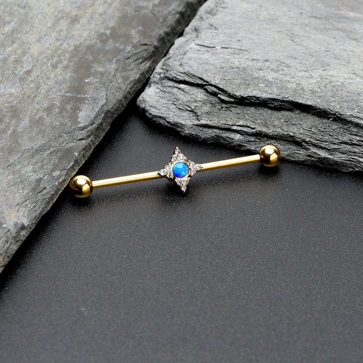 14 Gauge Blue Synthetic Opal Gold Tone Rhombus Industrial Barbell 38mm