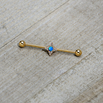 14 Gauge Blue Synthetic Opal Gold Tone Rhombus Industrial Barbell 38mm