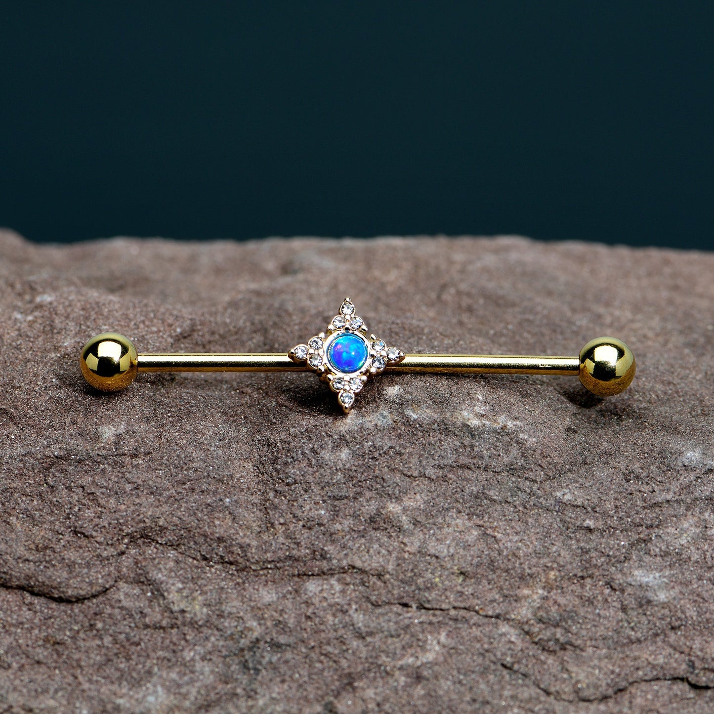 14 Gauge Blue Synthetic Opal Gold Tone Rhombus Industrial Barbell 38mm