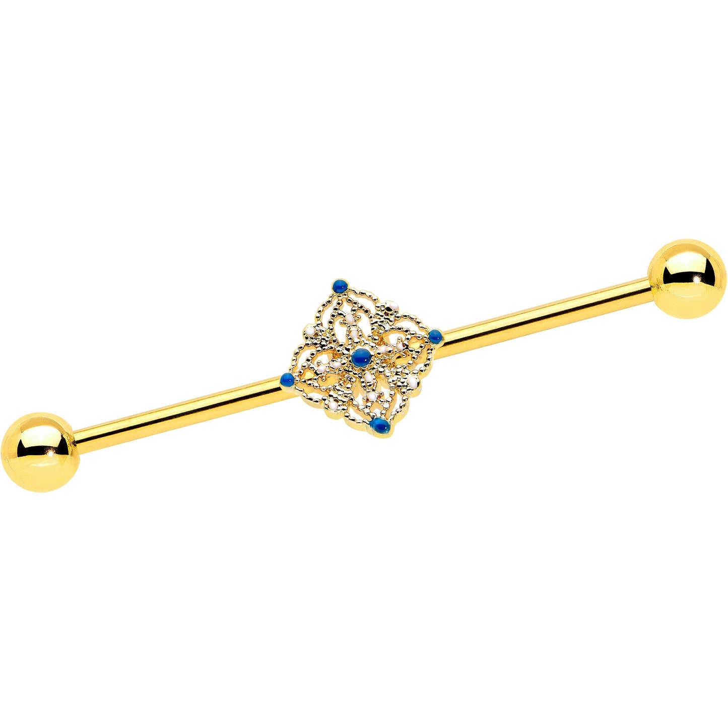 14 Gauge Blue Gem Gold Tone Texture Emblem Industrial Barbell 38mm