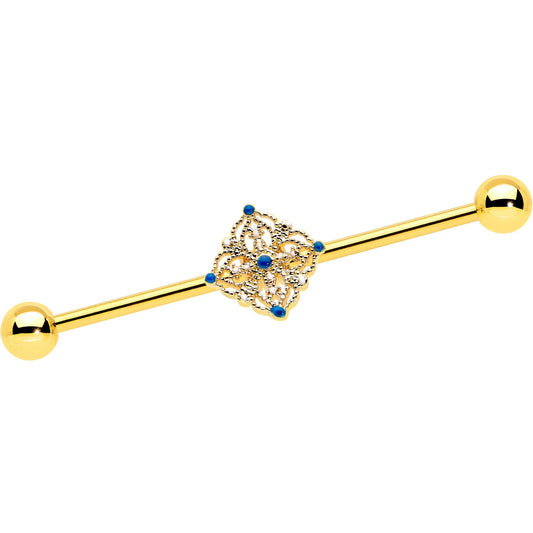 14 Gauge Blue Gem Gold Tone Texture Emblem Industrial Barbell 38mm