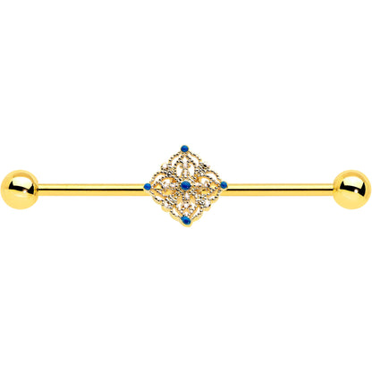 14 Gauge Blue Gem Gold Tone Texture Emblem Industrial Barbell 38mm