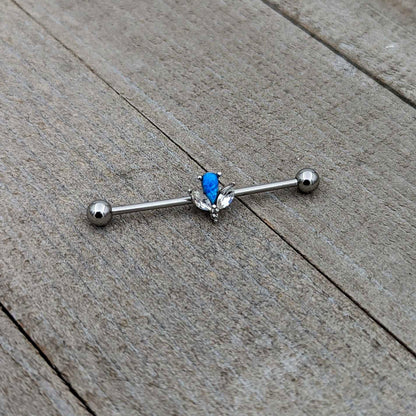 14 Gauge Blue Faux Opal Style Flower Industrial Barbell 38mm