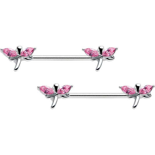 14 Gauge 5/8 Pink Gem Simple Styled Dragonfly Barbell Nipple Ring Set