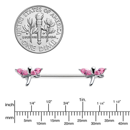 14 Gauge 5/8 Pink Gem Simple Styled Dragonfly Barbell Nipple Ring Set