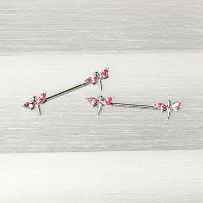 14 Gauge 5/8 Pink Gem Simple Styled Dragonfly Barbell Nipple Ring Set