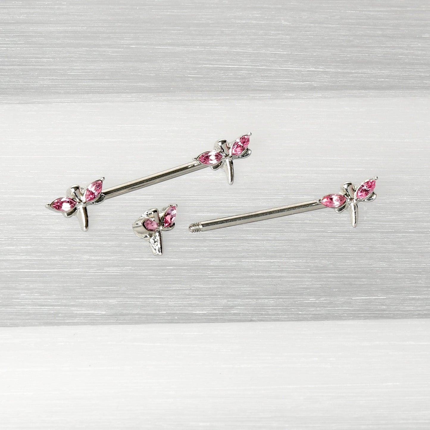 14 Gauge 5/8 Pink Gem Simple Styled Dragonfly Barbell Nipple Ring Set