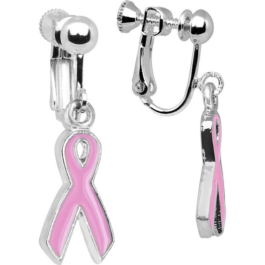 Silver Plated Pink Awareness Ribbon Clip Earrings