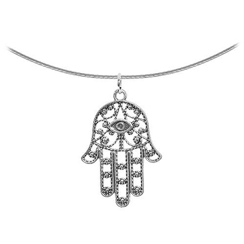 Intricate Silver Hamsa Hand Pendant Choker Necklace