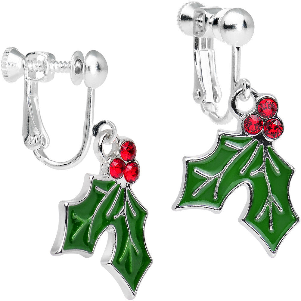 Holiday Holly Clip Dangle Earring Created with Crystals