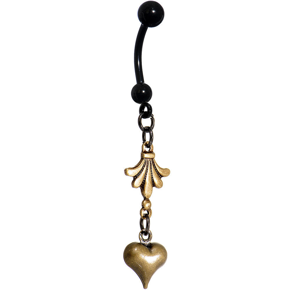 Handcrafted Black Anodized Steel Brassy Heart Dangle Belly Ring