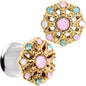 Pink Green White Gem Glam Flower Double Flare Tunnel Plug Set