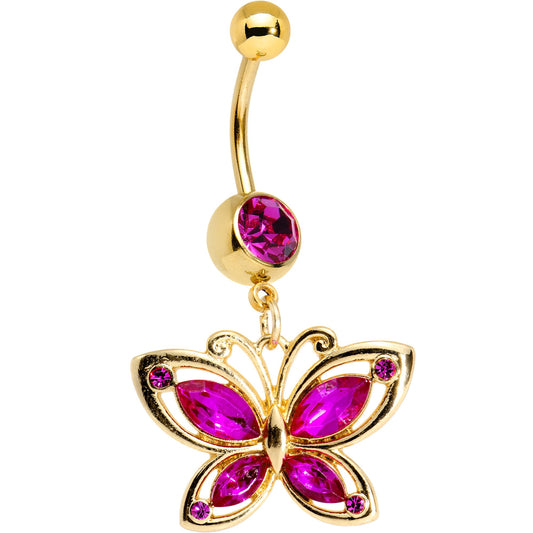 Pink Gem Gold PVD Burst of Color Butterfly Dangle Belly Ring
