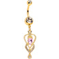 Clear Pink Gem Gold Tone Anodized Double Deco Heart Dangle Belly Ring