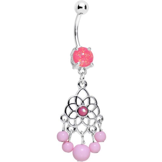 Pink Faux Opal Lotus Flower Dreamcatcher Dangle Belly Ring
