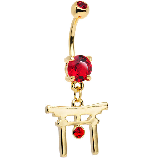 Red CZ Gem Gold PVD Japanese Gate Dangle Belly Ring