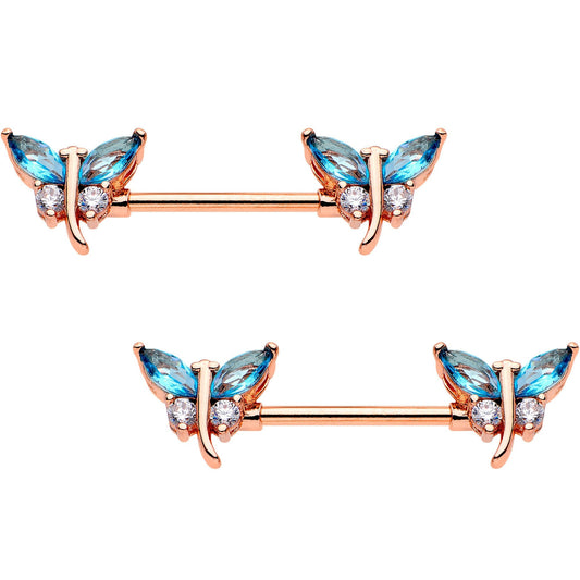 9/16 Aqua Gem Rose Gold PVD Double Dragonfly Barbell Nipple Ring Set