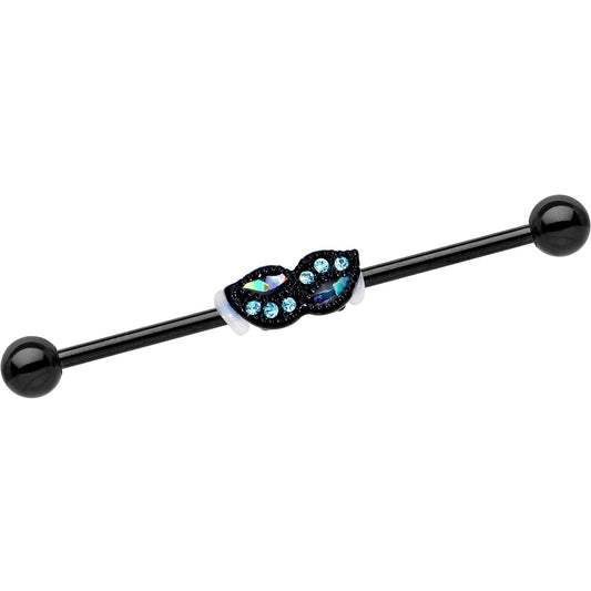 Blue Gem Black Anodized Sparkle Mustache Industrial Barbell 38mm