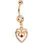 Clear Red CZ Gem Rose Gold Anodized Bow Heart Dangle Belly Ring