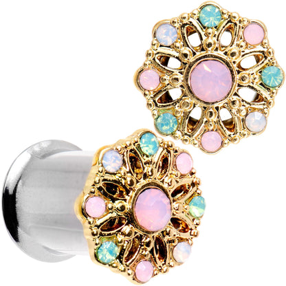 Pink Green White Gem Glam Flower Double Flare Tunnel Plug Set