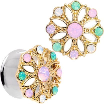 Pink Green White Gem Glam Flower Double Flare Tunnel Plug Set