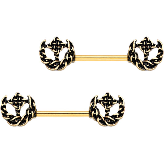 9/16 Gold PVD Braided Nautical Anchor Barbell Nipple Ring Set