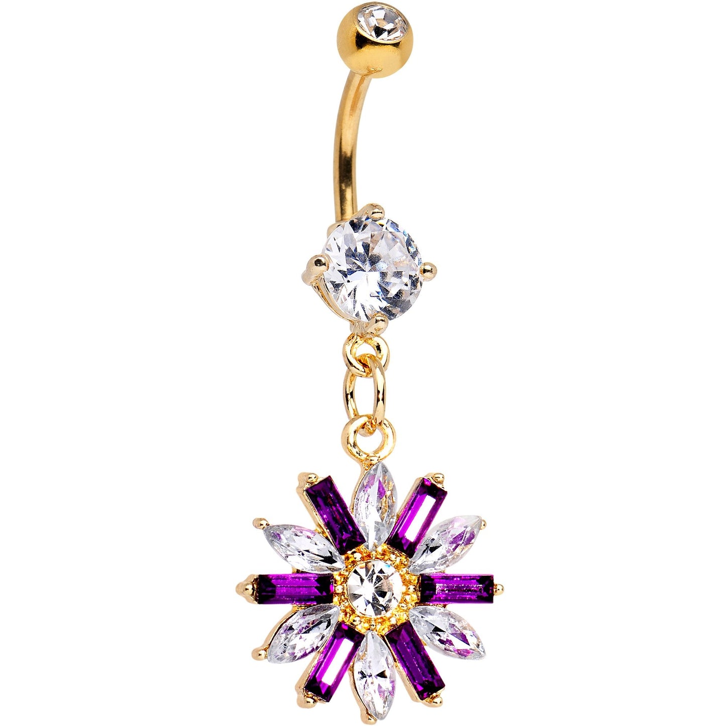 Purple CZ Gem Gold Tone Anodized Fancy Flower Dangle Belly Ring