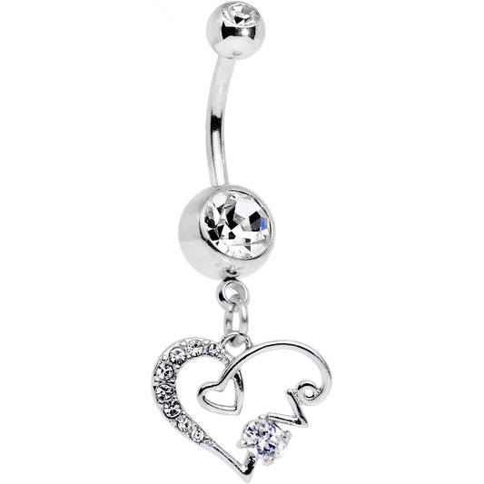 Clear CZ Gem Love Scrawled Double Heart Dangle Belly Ring