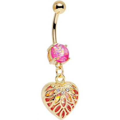 Pink Red Faux Opal Gold Anodized Lotus Flower Locked Heart Dangle Belly Ring