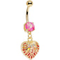 Pink Red Faux Opal Gold Anodized Lotus Flower Locked Heart Dangle Belly Ring