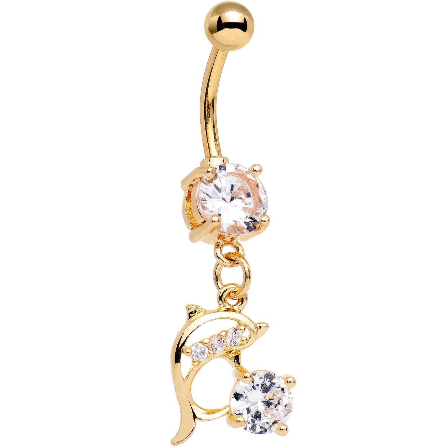Clear Gem CZ Gold PVD Splashing Dolphin Dangle Belly Ring