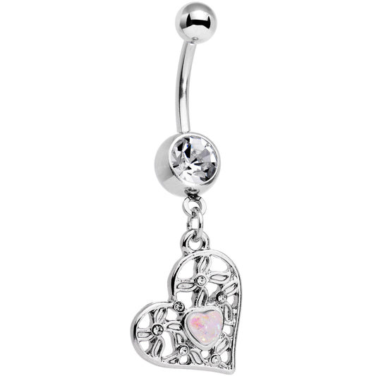 White Faux Opal Clear Gem Flower Heart Dangle Belly Ring