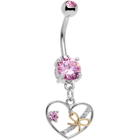 Pink CZ Gem Tie Up My Heart Dangle Belly Ring
