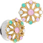 Pink Green White Gem Glam Flower Double Flare Tunnel Plug Set