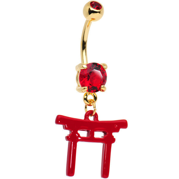 Red CZ Gem Gold PVD Red Japanese Gate Dangle Belly Ring