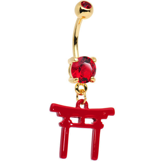 Red CZ Gem Gold PVD Red Japanese Gate Dangle Belly Ring